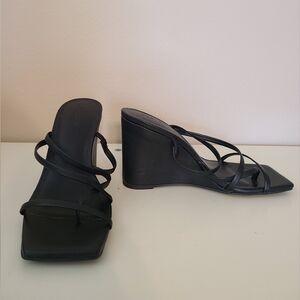 Strappy Black Square Toe Wedge Sandals